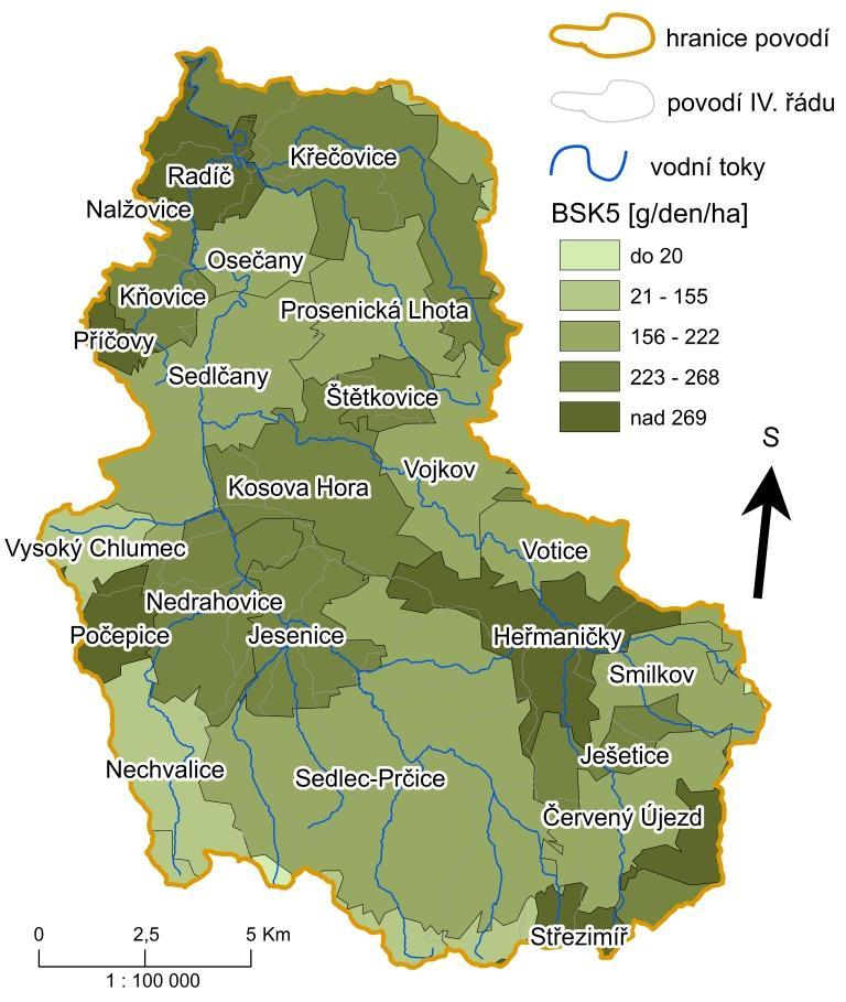 Obr. 34: Kartodiagram potenciálního zatížení povodí Mastníku živočišnou výrobou Zdroj: VÚV, ČSÚ, vlastní výpočty Průmyslová výroba v povodí je poměrně nízká.