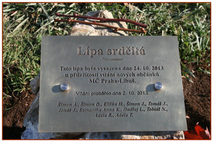 Obr. 35: Památní tabule Výsadby stromů pro nové občánky v parku K Jezírku (Foto: Vendula Audolenská.