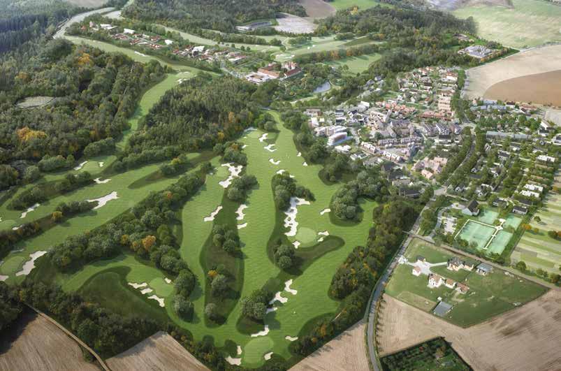 Vizualizace budoucí podoby areálu Oaks Prague s golfovými greeny v popředí.