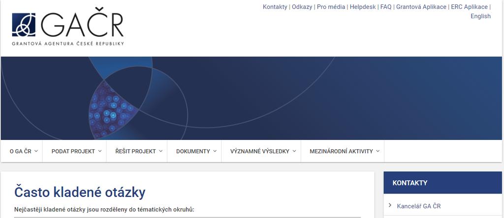 FAQ GA ČR má pro navrhovatele i pracovníky grantových oddělení na svém webu sekci pro odpovědi na nejčastější dotazy ve formě FAQ, která je neustále doplňována o nové