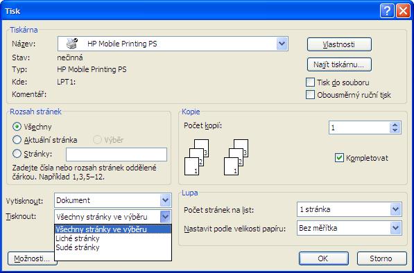 Tisk dokumentu Nabídka Soubor/Tisk Výběr tiskárny Rozsah