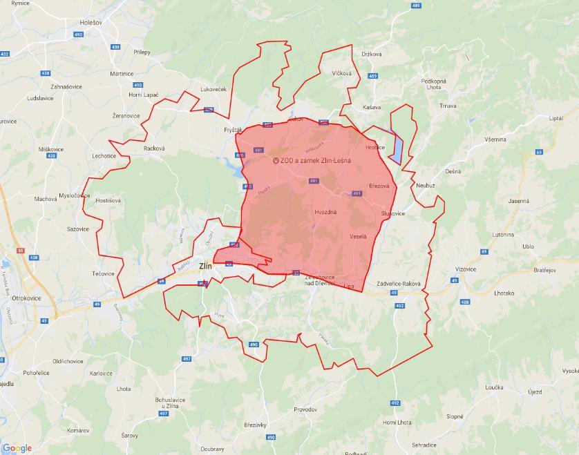 km 2 ) 3) Zamořená oblast (okres Zlín - 033 km 2 ) - oblast s nižším rizikem AMP (zelená 874 km 2 ) -