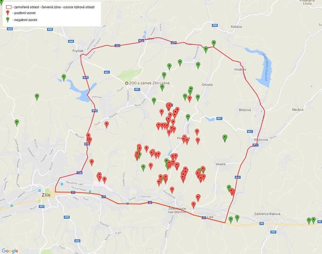 Mapa nálezů uhynulých divokých prasat - vysoce