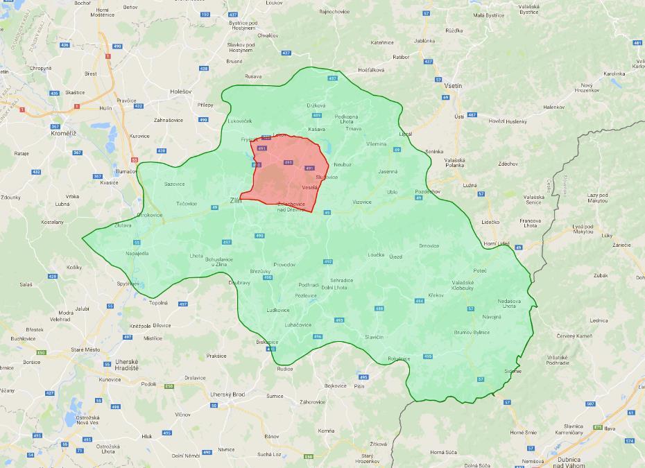 Africký mor prasat zamořená oblast okres Zlín AMP ke dni 20. 7.