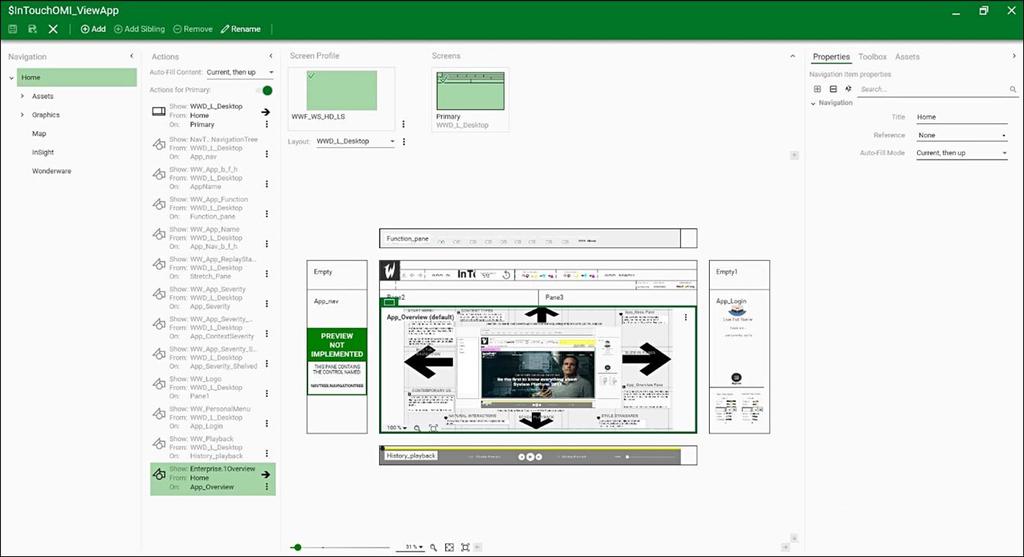 Strana 7 ViewApp Editor propojí připravený screen profile s layoutem a vytvoří tak základní vzhled a chování InTouch OMI aplikace.