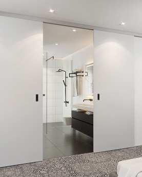 Koupelnové dveře Häfele Slido Classic 40-P až 120-P pro dřevěné dveře > rozsah použití: Pro jednoduché nebo dvojité posuvné dveře > verze: s mechanismem tlumeného dotahu na obou stranách (při