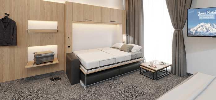 Häfele Teleletto II kování pro sklopnou postel a pohovku rychlá přeměna z pohovky na postel; velmi velká ložná plocha vybavení místností.