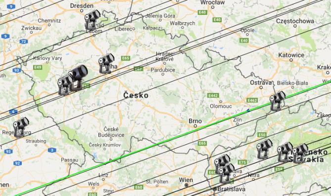 Současné pokrytí stínu evropskými pozorovateli je patrné z obrázku obsahujícího všechny dosud přihlášené stanice prostřednictvím aplikace OccultWatcher.