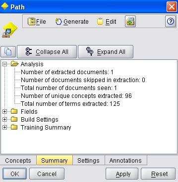 Settings) a trénování modelu (složka Training Summary). Obrázek 13: Vygenerovaný model uzlu text Extraction - záložka Summary.