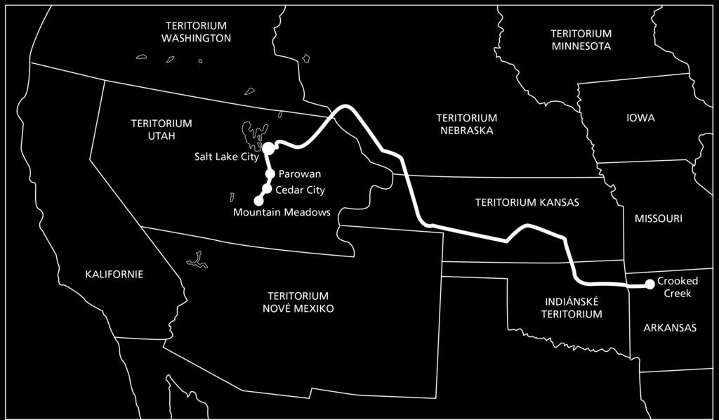 LEKCE 25 Mezi několika Svatými posledních dnů a členy emigrantské výpravy s krytými vozy vznikl konflikt Ukažte studentům mapu podobnou té zde uvedené nebo ji nakreslete na tabuli.