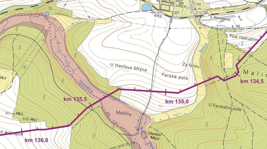 Výrovský potok Trasa záměru kříží Výrovský potok zhruba na úrovni ř.km 9 toku.