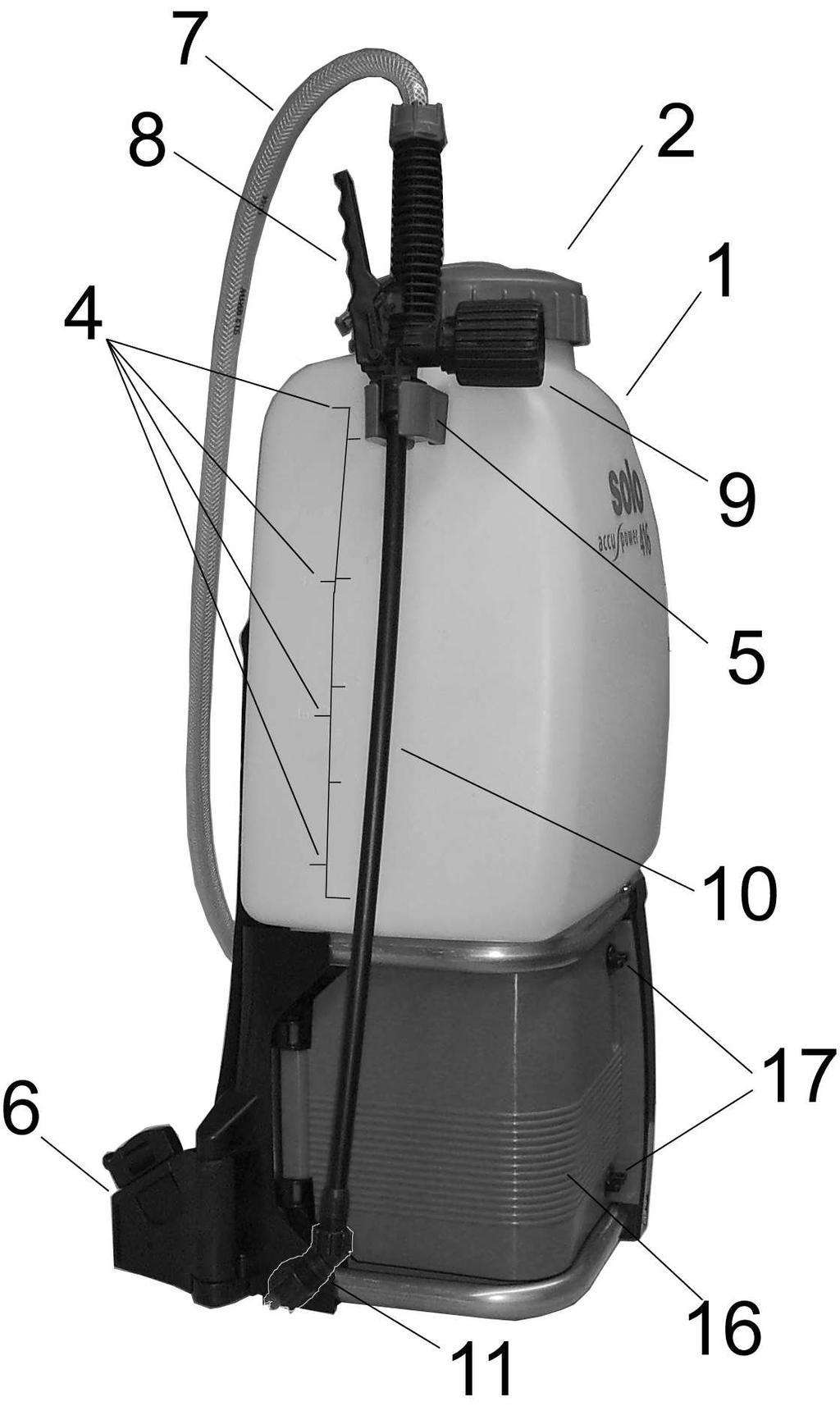 3. Obsah dodávky stroj smontovaný s tlakovou hadicí a ručním ventilem trubka postřiku s namontovanou koncovkou s tryskou nabíječka se síťovým kabelem / EURO-zástrčka a 3 zásuvkové adaptery nálepka se