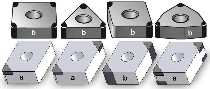 Obr. 2.2 Břitové destičky s připájeným roubíkem z PKNB nebo PKD 1 Firmy Sandvik Coromant a Kennametal Hertel vyrábí destičky, které se od ostatních liší svojí konstrukcí.
