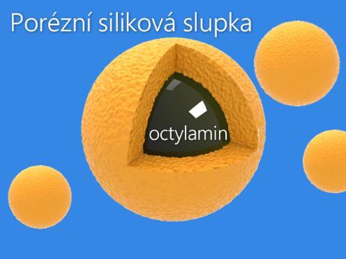 Oxid křemičitý bude v tomto případě vznikat hydrolýzou a kondenzací z tetraethoxysilanu (TEOS) na fázovém rozhraní kapek octylaminu ve vodě.