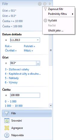 Filtr V rámci projektu lze účetní data filtrovat dle zvolených kritérií (např. dle účtů, středisek, zakázek, apod.). Všechny vypočítané hodnoty ukazatelů a výkazů pak odpovídají danému filtru.