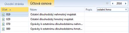 účty (viz obrázek) a seznam účtů v ní obsažený se nabízí v různých výběrových dialozích a nabídkách údajů, jež umožňují vyplnit hodnoty účtů z tohoto číselníku.