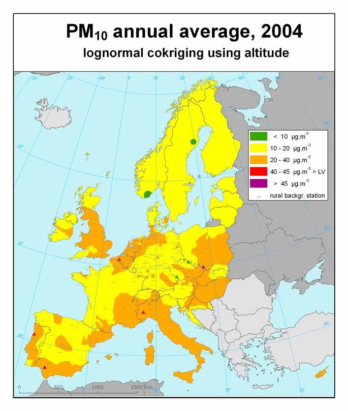 PM 10 roční průměr, 2004, venkovské ovzduší