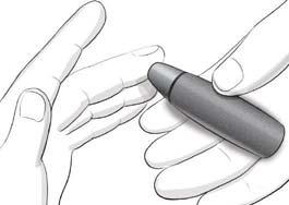1. Přitlačte odběrové zařízení silně k místu vpichu a stiskněte uvolňovací tlačítko. 2. Pohlaďte dlaň a prst směrem k místu vpichu, aby se vytvořila kapka krve.