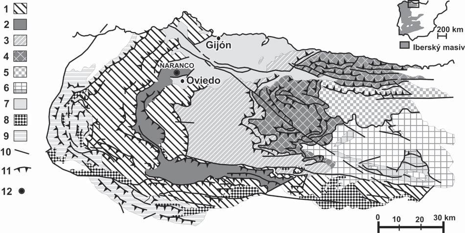 Obr. 2: Členění kantabrijské zóny na geologické jednotky. Studovaná zóna je součástí sobiaské jednotky (Unidad de Sobia). Podle Juliverta (1971), zjednodušeno.