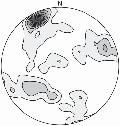 6: Konturové diagramy pólů ploch puklin v naranckých pískovcích, hora Naranco, Asturie. Fig. 6: Distribution of joints orientation in Lambert azimuthal projection, Naranco Sandstone, Naranco Mt.