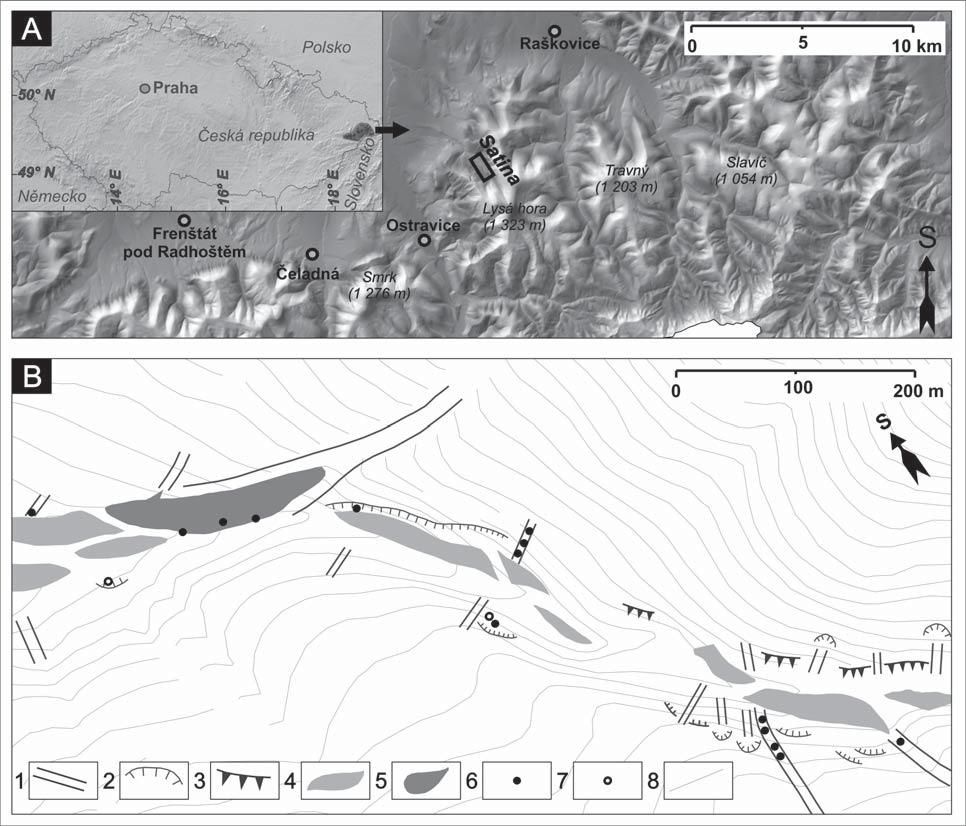 Obr. 1: A pozice příkladové lokality v rámci Moravskoslezských Beskyd (černý obdélník), B geomorfologická mapa příkladové lokality.