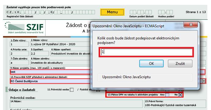 Žadatel napíše počet osob, které budou elektronicky podepisovat Žádost o podporu a klikne na tlačítko OK (např.