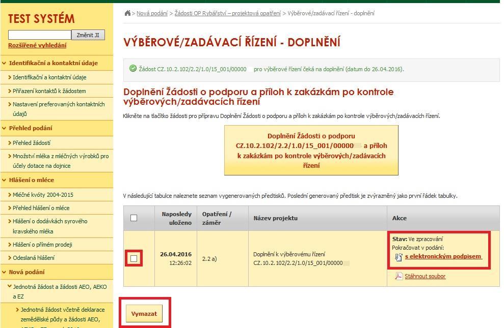 17: Pokračování v podání V případě, že žadatel zvolí Zpět na seznam předtisků tak může některou z vygenerovaných Žádostí o podporu