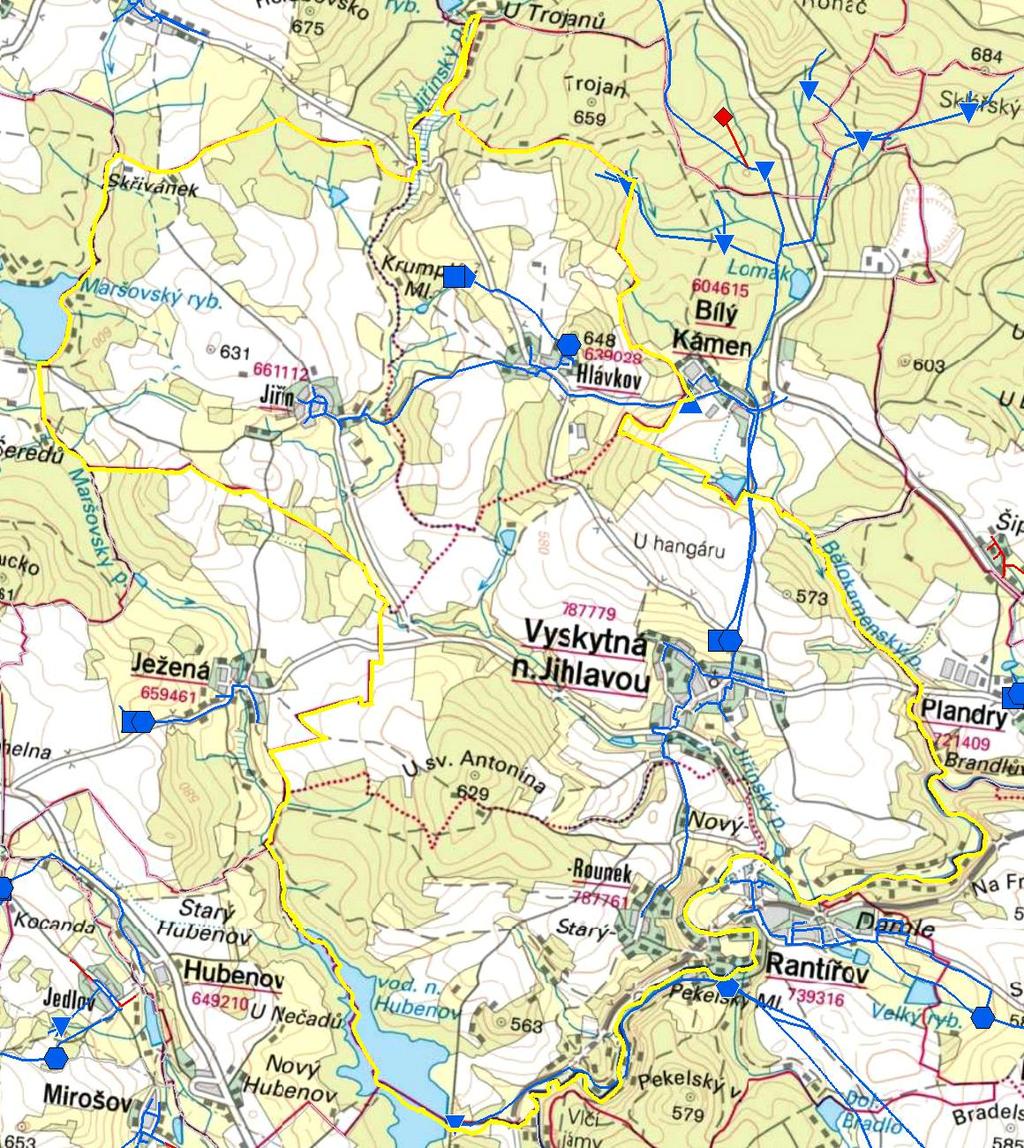 MAPA - VODOVODY Trasování sítí, lokalizace vodojemů, zdrojů, čerpacích stanic, ATS, ÚV Vodovodní řady Vodojem zemní