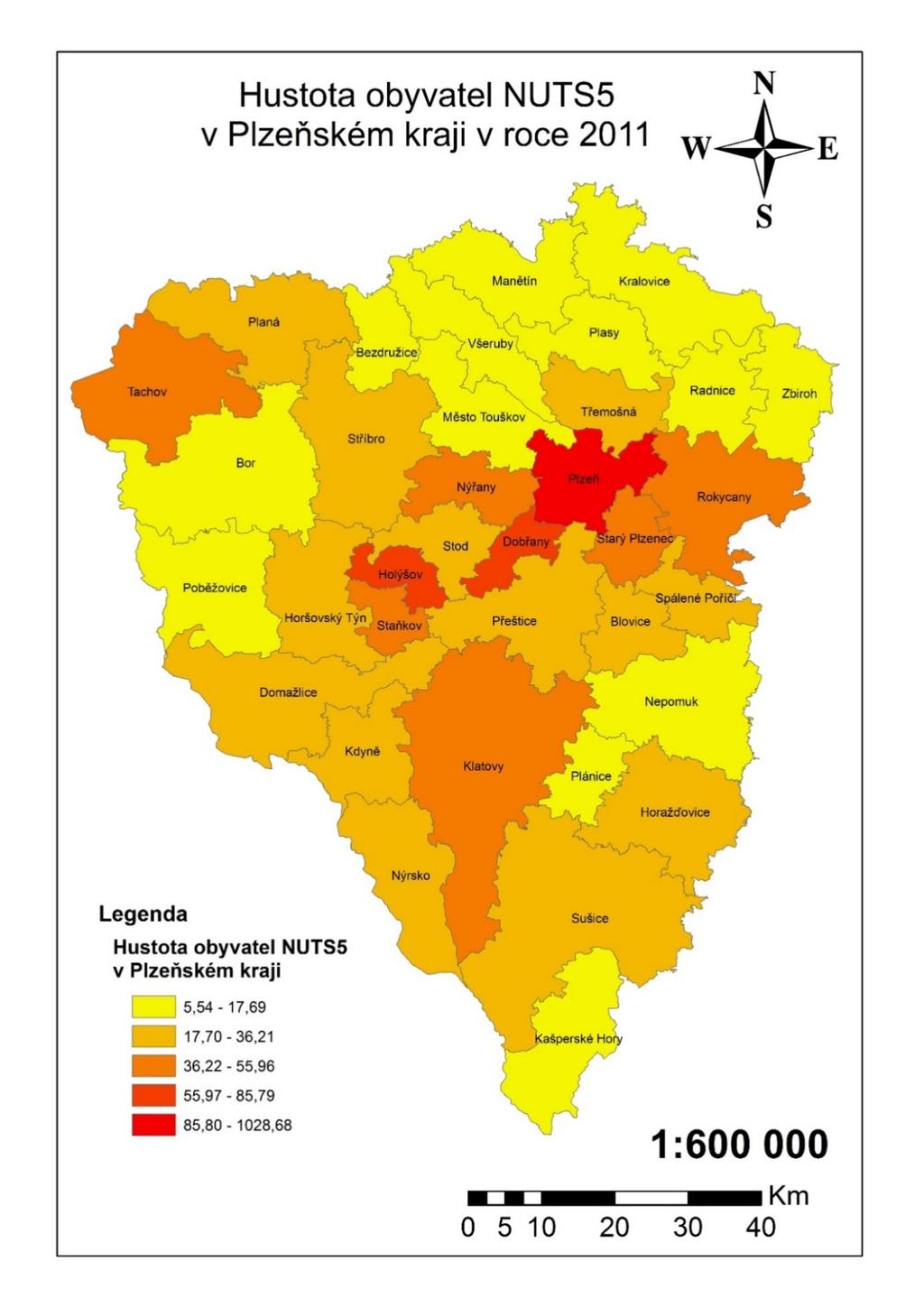 VYMEZENÍ ZÁJMOVÉHO ÚZEMÍ-PLZEŇSKÝ KRAJ Obrázek 2: Hustota obyvatel na km2 v obcích s rozšířenou