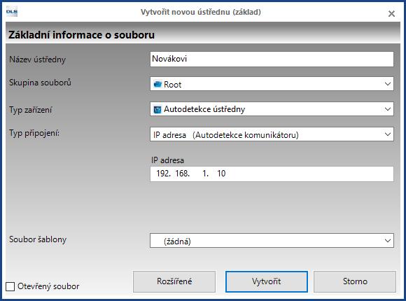 Vytvoření ústředny pomocí autodetekce a připojení přes IP Stiskněte tlačítko Vyplňte požadované údaje o Typ zařízení Autodetekce ústředny o Typ připojení IP adresa (Autodetekce komunikátoru) musí již