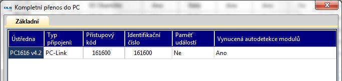 Přenos dat z/do ústředny Pro přenos dat z/do ústředny slouží tyto ikony Dojde poté k zobrazení tabulky, kde se vybírá způsob komunikace Výše uvedené parametry (typ připojení, autodetekce, ) lze měnit.