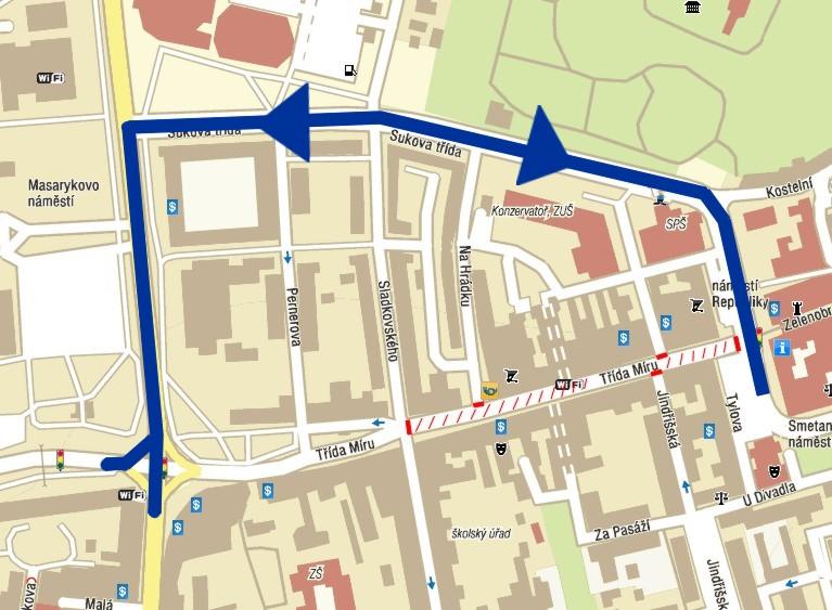 4.1 Varianta 1: Obousměrné vedení přes Masarykovo náměstí Obrázek 15 Varianta 1: Obousměrné vedení přes Masarykovo náměstí Zdroj: autor, mapový podklad amapy.atlas.