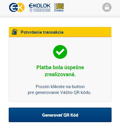 Strana: 11/16 Po úspešnej realizácii je potrebné generovať QR kód ekolku stlačením ikony Generovať QR kód. Vygenerovaný ekolok sa zobrazí v Zozname uhradených poplatkov (kapitola 4.2)