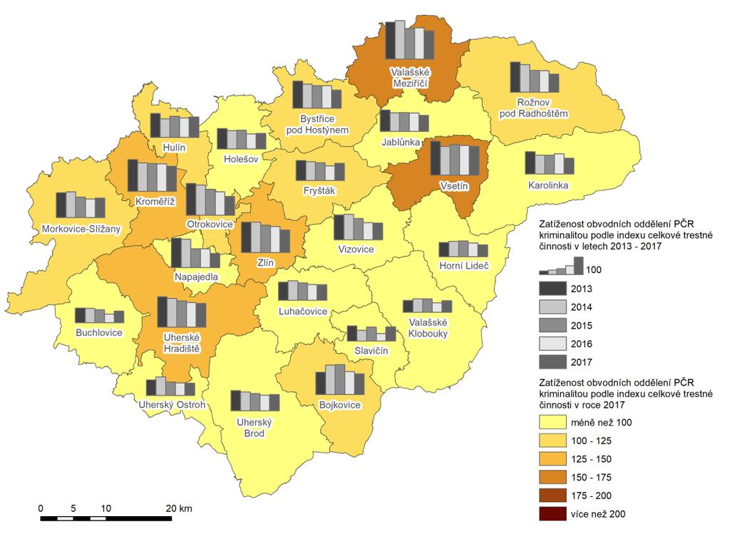 Zatíženost obvodních oddělení PČR ve Zlínském kraji v roce 2017 (dle indexu celkové TČ; včetně vývoje v posledních 5 letech)