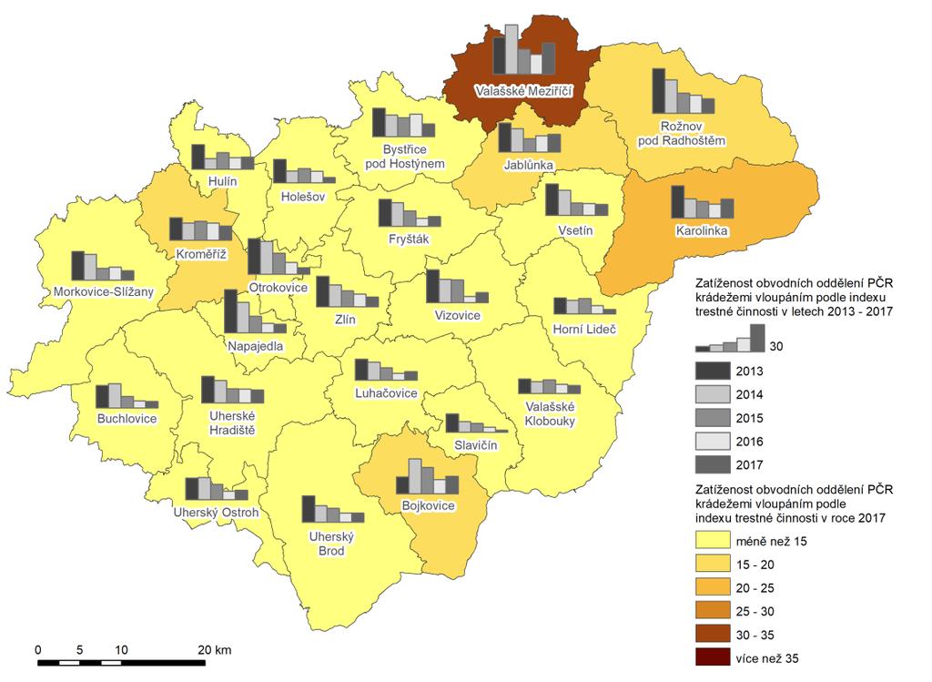 Zatíženost obvodních oddělení PČR ve Zlínském kraji v roce 2017 (dle indexu krádeží vloupáním; včetně vývoje v posledních 5 letech)