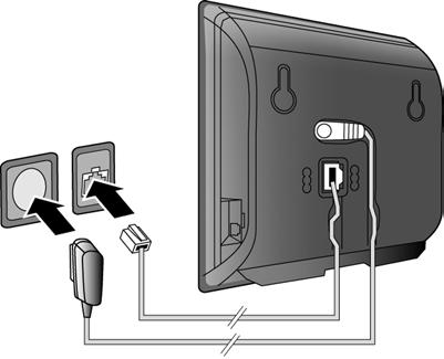 První kroky 2. Připojení základnové stanice k pevné a elektrické síti Zadní strana 2 1 základnové stanice 1 Zapojte telefonní kabel do přípojky pevné sítě. 2 Potom zapojte síťový adaptér do zásuvky.