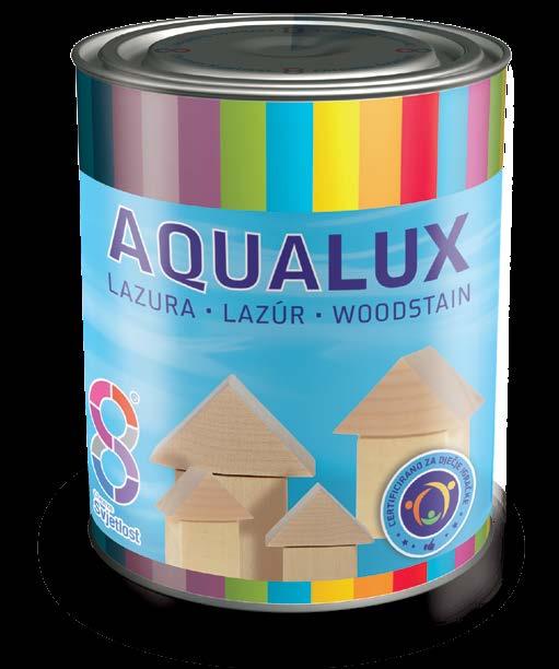 IV. AQUALUX PROGRAM AQUALUX lazura Aqualux lazura je vodouředitelný transparentní nátěr pro ochranu a dekoraci dřeva. Obsahuje vysoce kvalitní suroviny a světlostálé pigmenty.