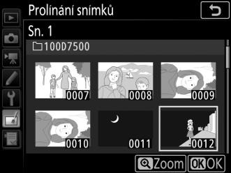 2 Vyberte první snímek. Pomocí multifunkčního voliče vyberte první snímek určený k prolnutí. Chcete-li zobrazit vybraný snímek na celé obrazovce, stiskněte a podržte tlačítko X (T).