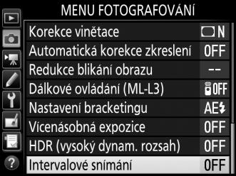 Intervalové snímání D Před zahájením fotografování Před zahájením intervalového snímání pořiďte zkušební snímek při aktuálním nastavení a zkontrolujte výsledek na monitoru.