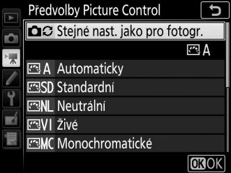 Předvolby Picture Control Tlačítko G 1 menu videosekvencí Tato položka slouží k výběru předvolby Picture Control pro videosekvence (0 40).  Správa předv.