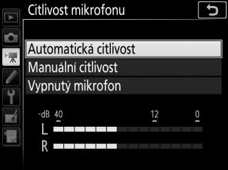 Citlivost mikrofonu Tlačítko G 1 menu videosekvencí Tato položka zapíná a vypíná vestavěný nebo externí mikrofon (0 224), resp.