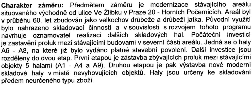 Charakter zámìru: Pøedmìtem zámìru je modernizace stávajícího areálu situovaného východnì od ulice Ve Žlíbku v Praze 20 - Horních Poèernicích. Areál byl v prùbìhu 60.