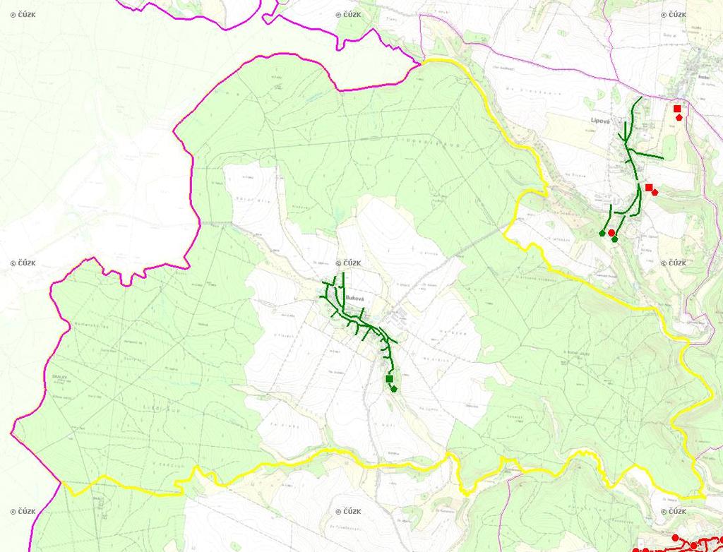 E. KANALIZACE A ČOV Mapa E1: Kanalizace - rozvody v obci Trasování sítí, lokalizace ČOV, čerpací stanice (ČS), výústě Obec: Buková Legenda: Kanalizace: Ochranné pásmo: Vyústění: do 2015 po 2015 I IA