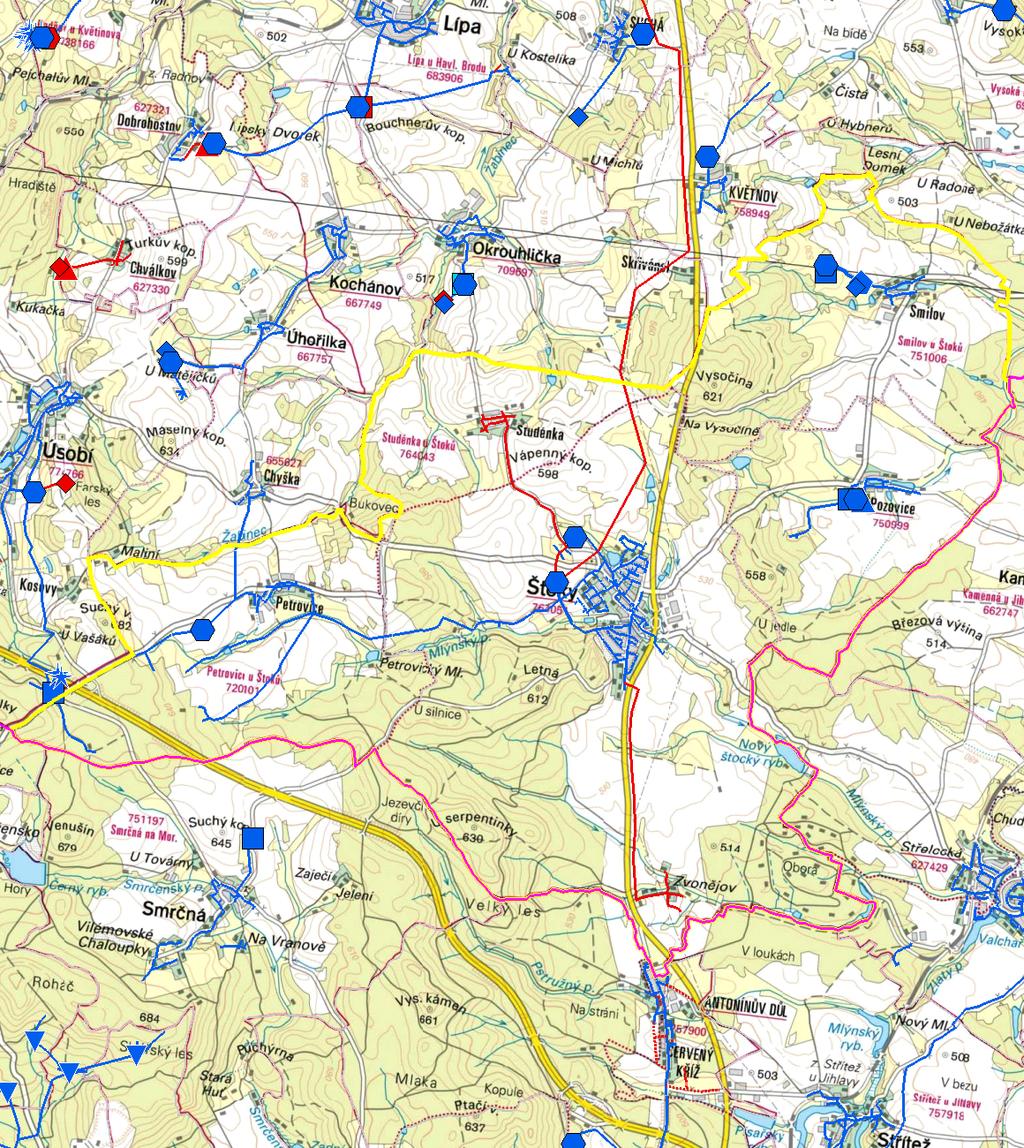 Plán rozvoje vodovodů a kanalizací Kraje Vysočina MAPA - VODOVODY Trasování sítí, lokalizace vodojemů, zdrojů, čerpacích stanic, ATS, ÚV