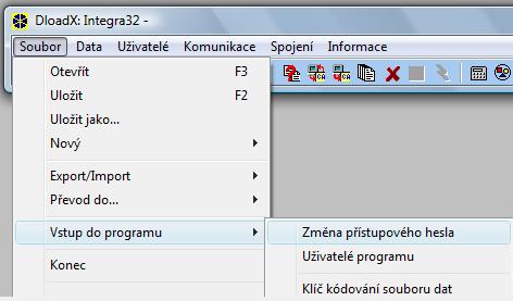 SATEL Programovací manuál 19 2.2.2 Změna přístupového hesla programu 1. Otevřete menu SOUBOR, zvolte VSTUP DO PROGRAMU a pak ZMĚNA PŘÍSTUPOVÉHO HESLA (viz: Obre. 5)