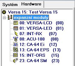 SATEL Programovací manuál 43 7. Programování Klávesnic a Expandérů Obr. 12. Seznam zařízení připojených k ústředně, zobrazených v okně Versa Struktura" v položce "Hardware" (příklad konfigurace).