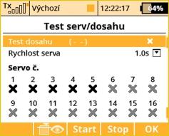 135 4. 4. 9.6.2 Test serv Menu testování serv a spouštění testu dosahu. Pro testování výstupů přijímače a serv disponuje vysílač funkcí, která postupně nastavuje výstupní kanály.