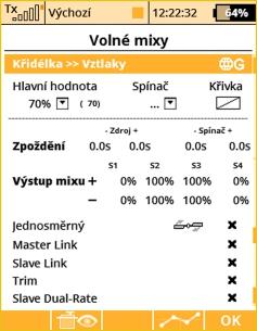 157 5. 5. 12.12 Mix křidélka do klapek break Je-li křídlo modelu osazené křidélky a klapkami (alespoň 4 KLAP. ), může tento mix využít pro zvýšení citlivosti křidélek.