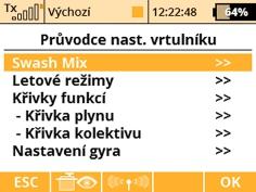 Můžete také aktivovat funkci pro cyklické omezení dráhy serv rotorové hlavy (Swash Ring).