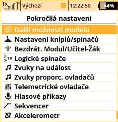 Můžete zde nastavit požadované výchylky pro křidélka, výškovku a směrovku nezávisle pro každý směr obratu.